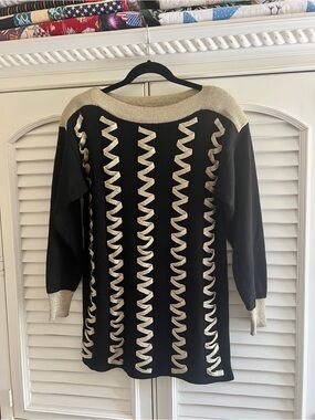 Vintage 80s Suzelle Black Mini Dress with Gold Wave Trim